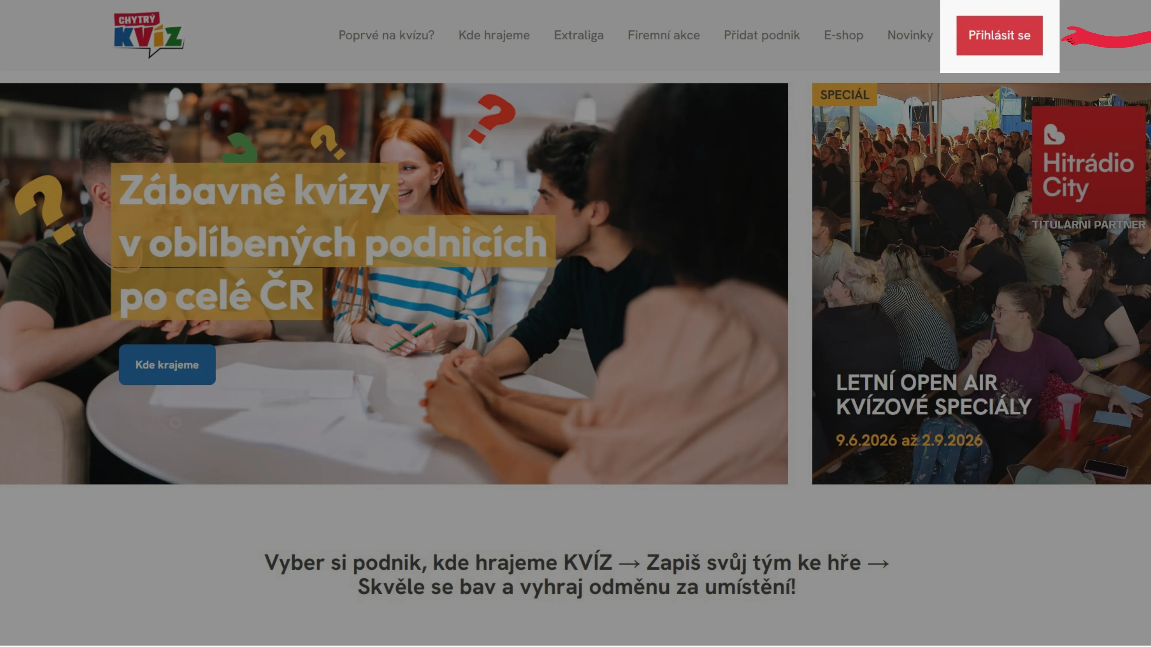 Na webu Chytrého Kvízu se vpravo nahoře klikne na Přihlásit se