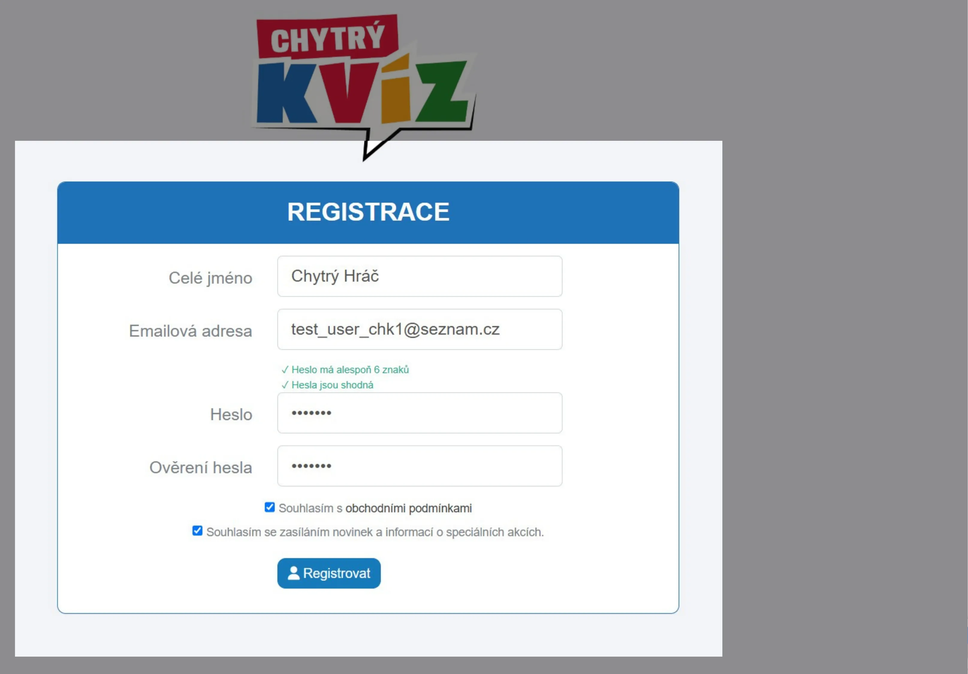 Vyplnění registračního formuláře: jméno, e-mail a heslo