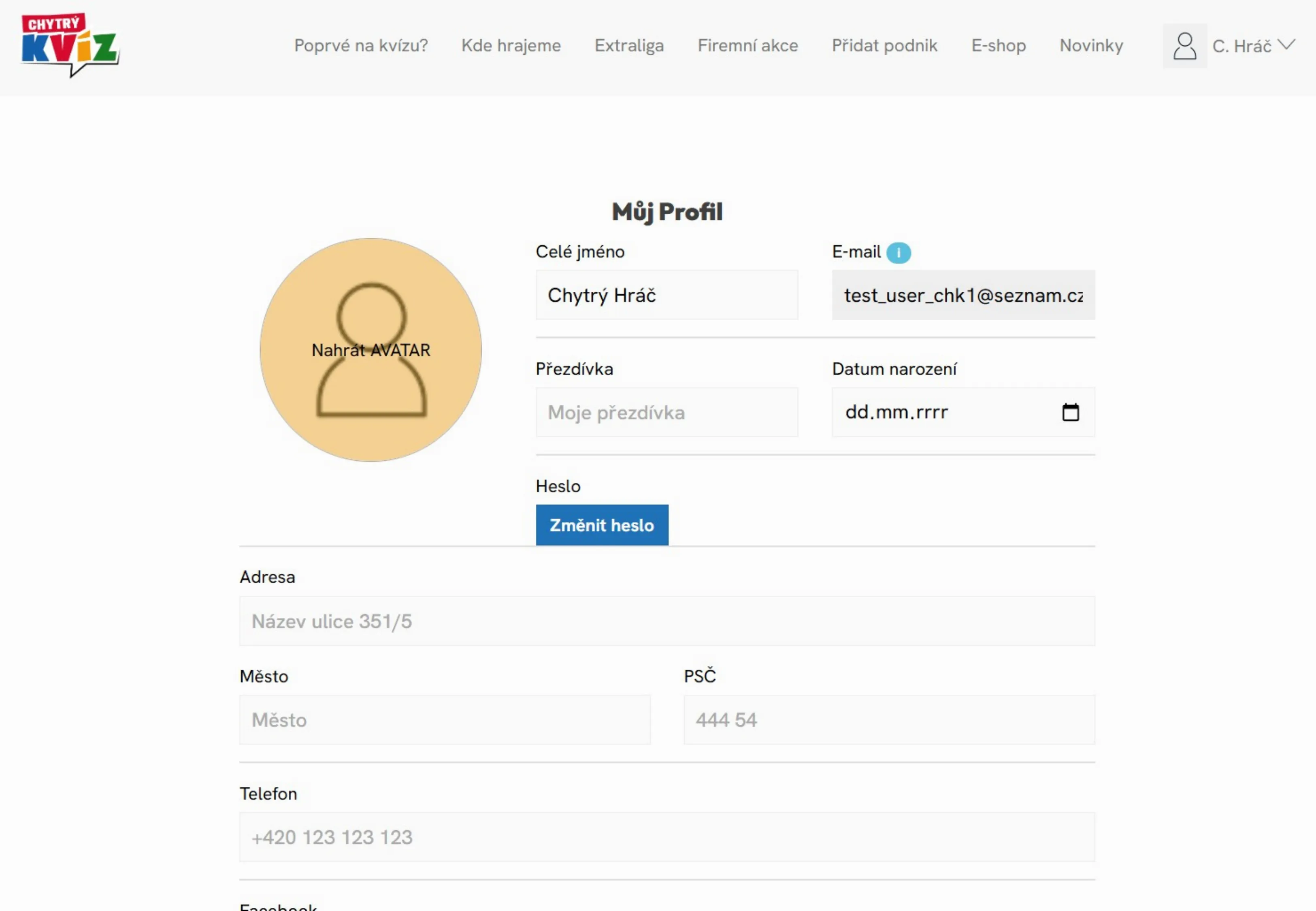 Doplnění profilu hráče: přezdívka, datum narození a avatar
