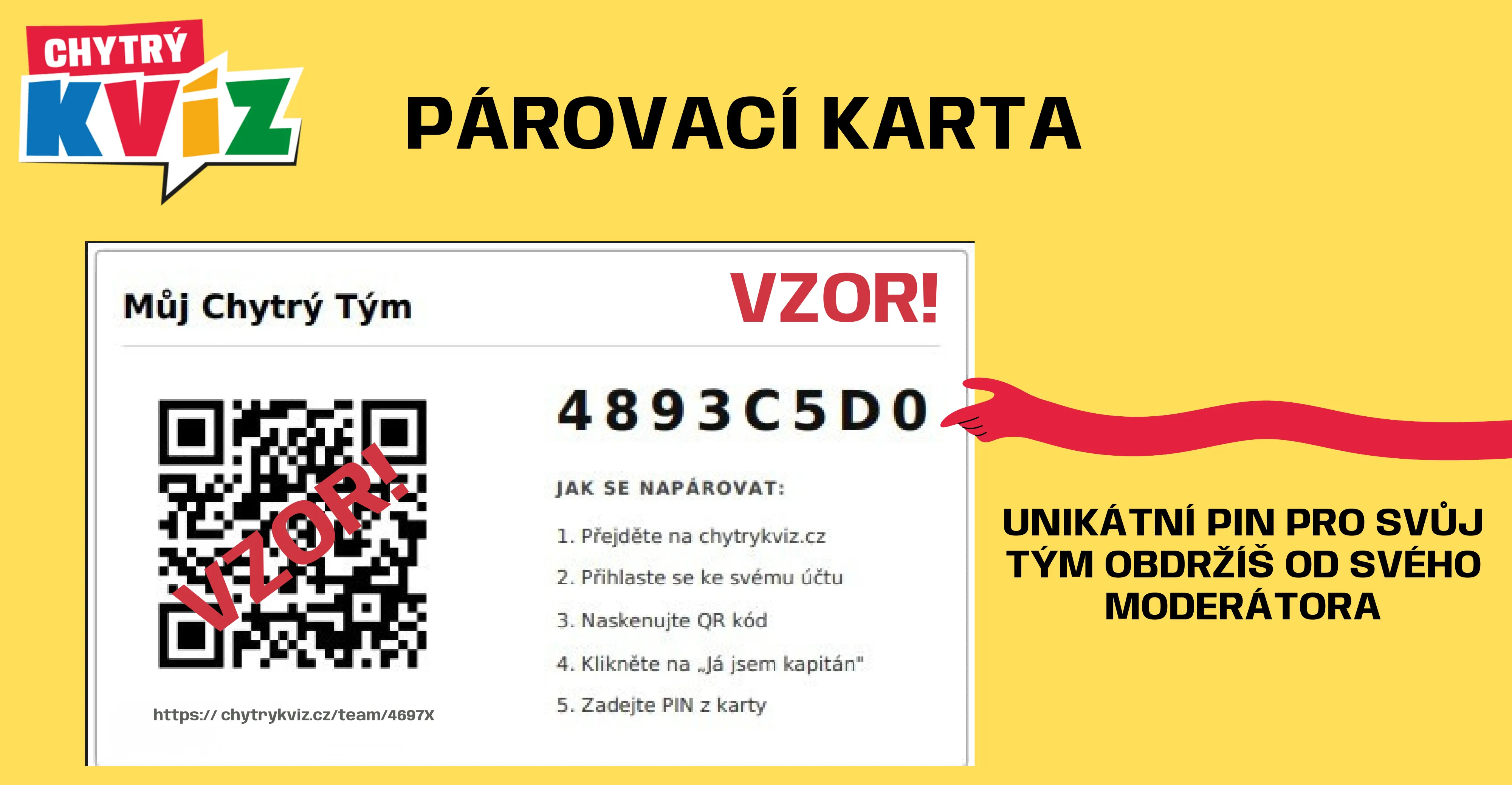 Párovací karta s QR kódem a unikátním PINem (vzor)