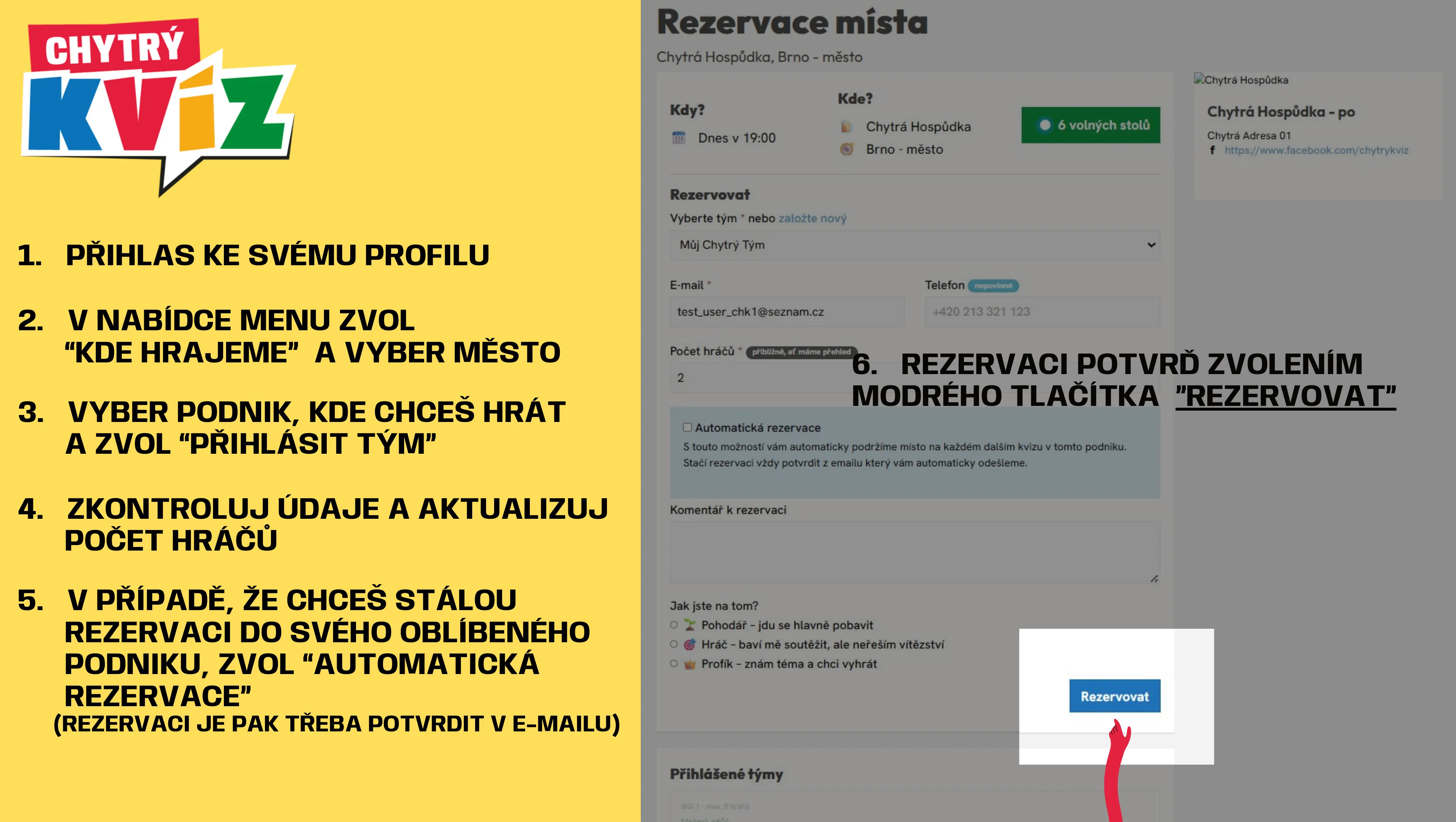 Formulář rezervace místa: výběr týmu, počtu hráčů a tlačítko Rezervovat