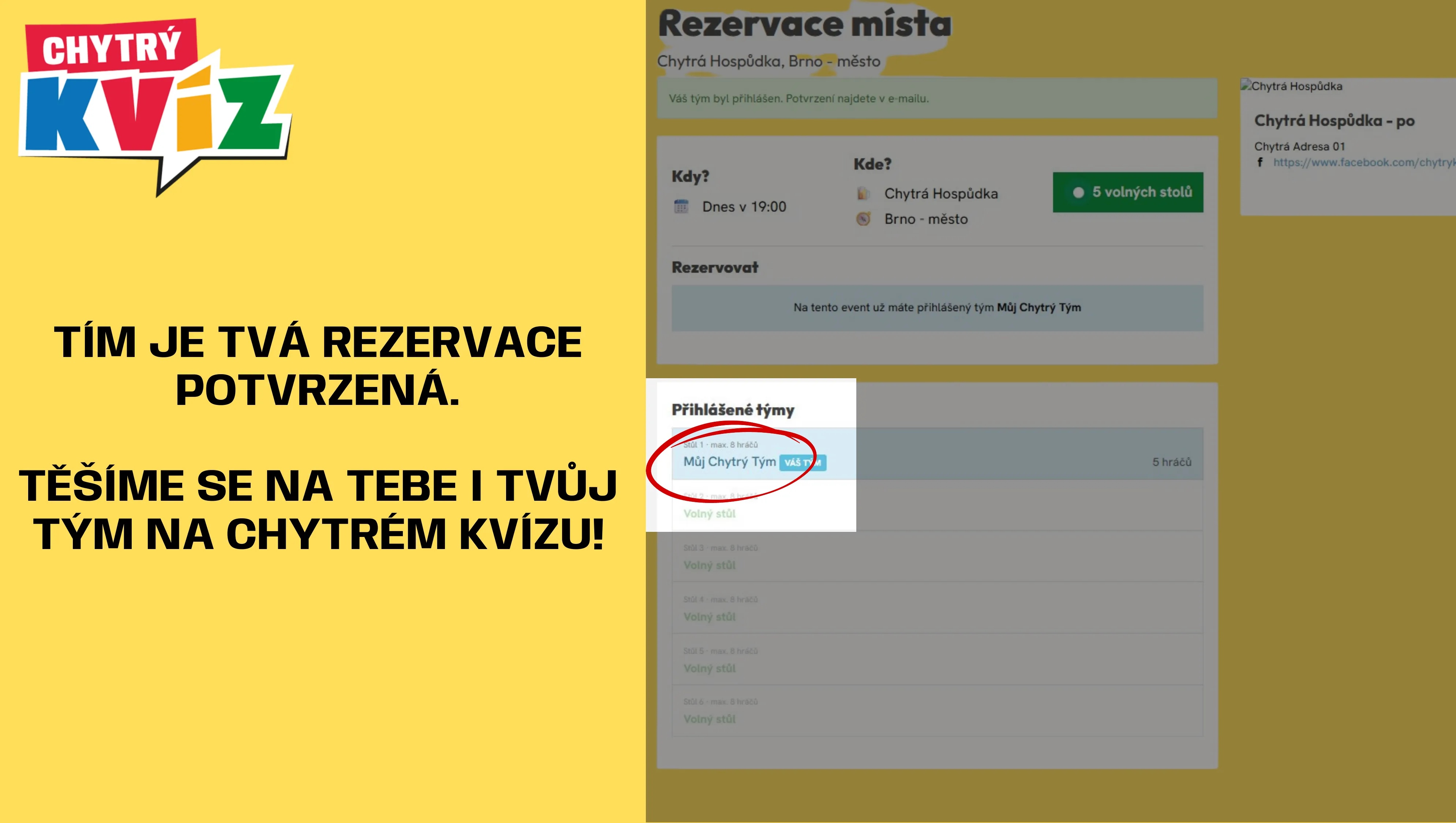 Potvrzená rezervace — tým se zobrazí mezi přihlášenými týmy